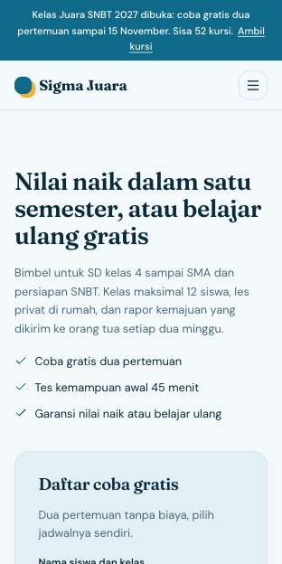 Tampilan template Bimbel juara di ponsel