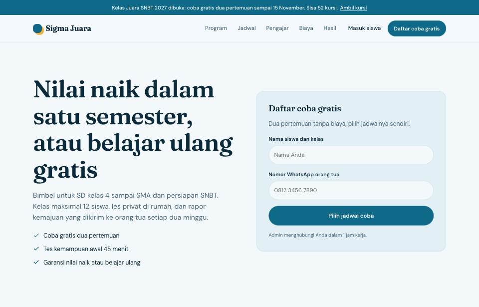 Tampilan template Bimbel juara di layar komputer