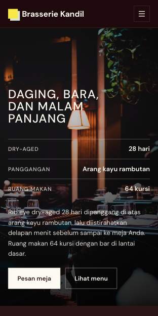 Tampilan template Brasserie malam di ponsel